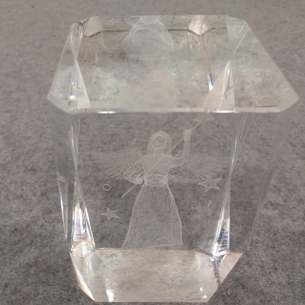 3D Laser Etched Angel Glass Paperweight Clear Faceted Crystal Block Star Motif - Picture 2 of 5